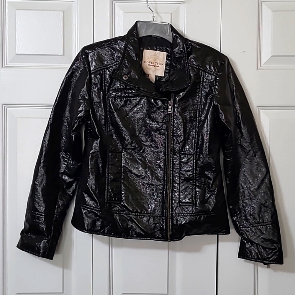 Black Faux Leather Asymmetrical Zippered Jacket w/Pockets, Size Small